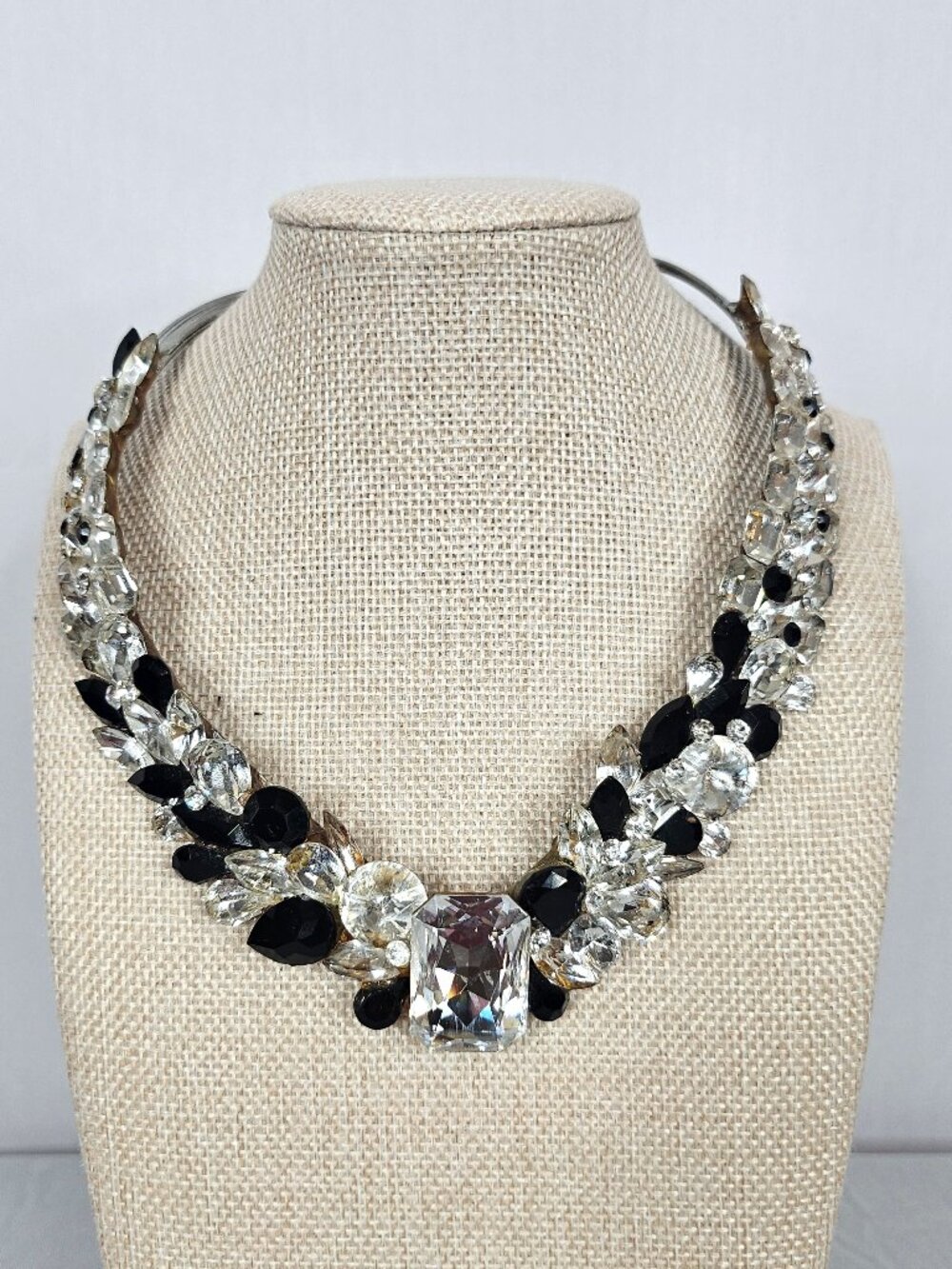 Vintage Y2K Handmade Black Crystal Statement Bib Necklace | Formal